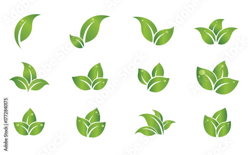 Vector art of collection of green leaf icons and symbols representing nature, growth, and ecology