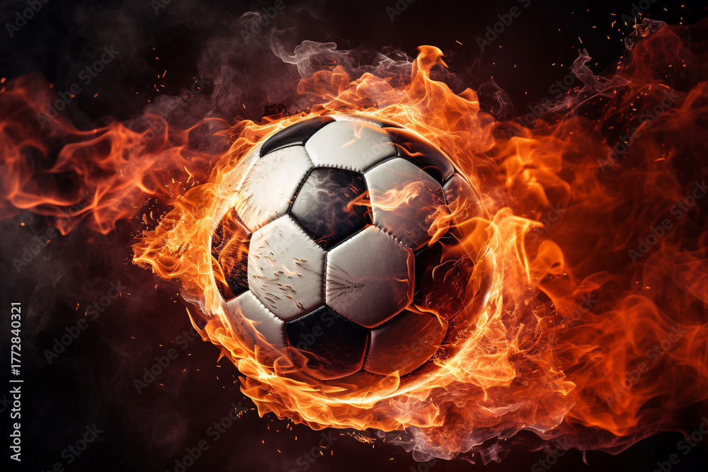 Fototapeta premium A soccer ball with a fiery trail indicates the speed of the moving ball.