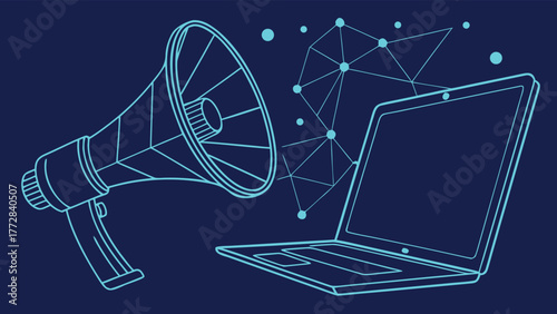 Megaphone and laptop network connection vector Abstract