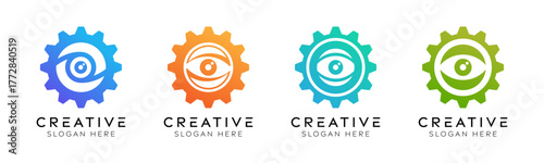 Set of gear eye logo design templates. Modern isolated gear and eye design for technology, surveillance and innovation.