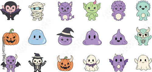 Collection of Cute Cartoon Halloween Monsters and Characters.