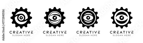 Set of gear eye logo design templates. Modern isolated gear and eye design for technology, surveillance and innovation.
