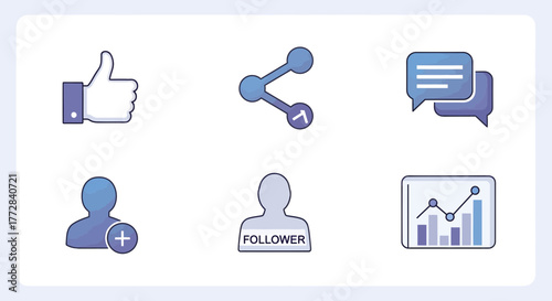 Modern gradient social media icon collection for digital engagement, showcasing essential user interface elements like likes, shares, messages, and follower metrics crucial for online platforms