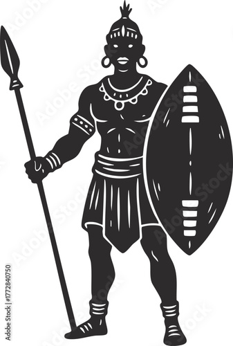 African warrior vector illustration with shield and spear 