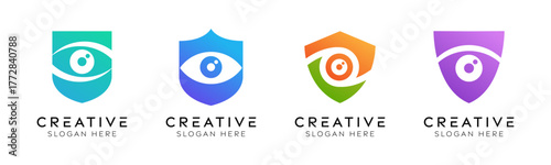 Set of eye shield logo design templates. Modern isolated shield and eye design for technology, surveillance, and security.