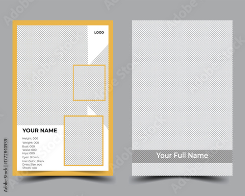 This is a modeling comp card. Its size is 5.5/8.5. It is a modern, sleek, and elegant design