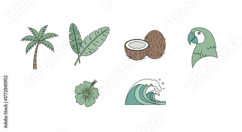 Tropical Paradise Icons Palm Tree, Leaves, Coconut, Parrot, Hibiscus, and Wave Designs