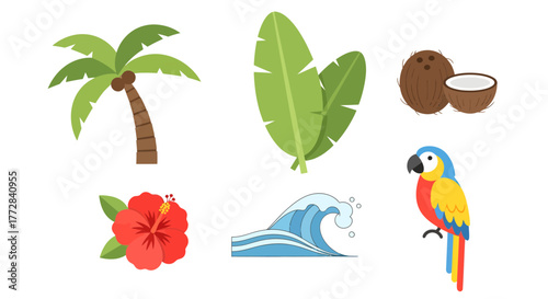 Colorful tropical paradise illustration set featuring an exotic parrot, palm tree, hibiscus flower, coconut, and ocean wave vector graphics