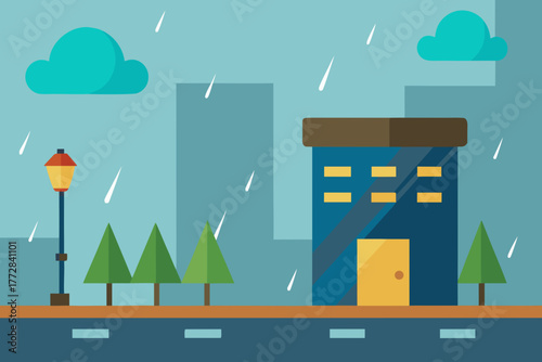 Cartoon rainy day street corner vector illustration