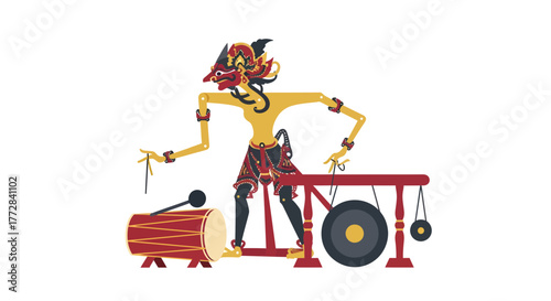 Vibrant illustration of a traditional Indonesian Wayang puppet skillfully playing the drum and gong, capturing the essence of cultural heritage and musical artistry