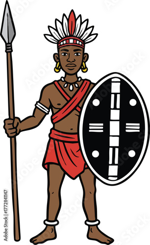 African warrior vector illustration with shield and spear 