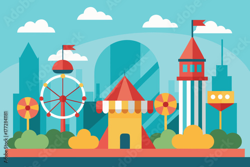 Cartoon city fairground rides vector illustration