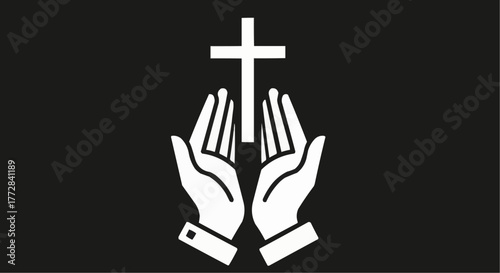 Praying hands reach up to a religious cross faith hope love spirituality concept