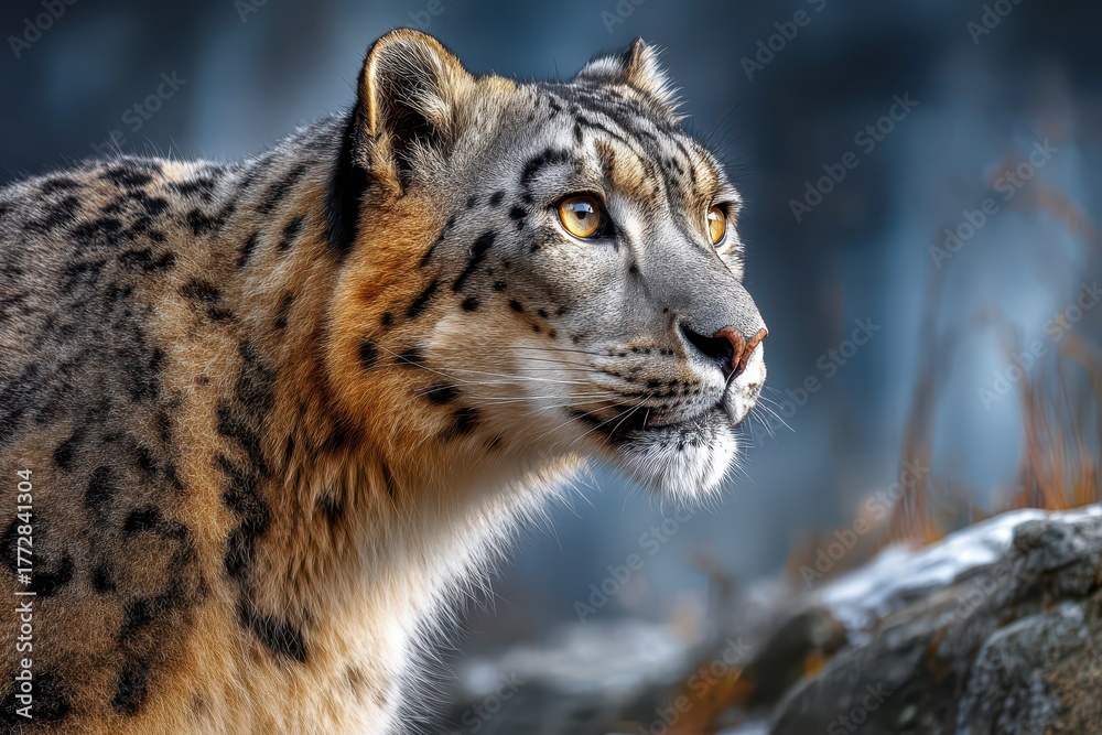Obraz premium Captivating close-up of a majestic snow leopard with piercing golden eyes.