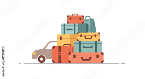 Stack of luggage on top of a car, ready for a trip, illustrating the concept of travel and moving belongings