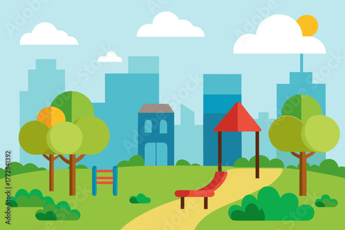 Cartoon city park with a playground vector illustration
