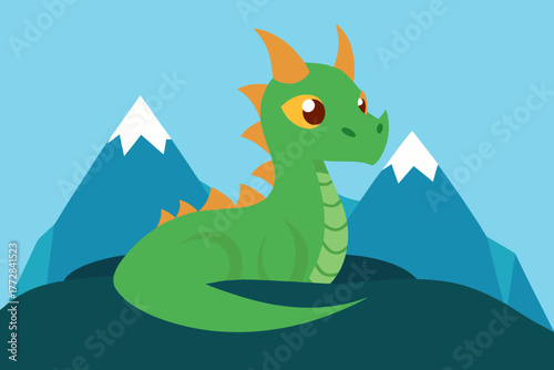 Cartoon dragon roost on a mountain vector illustration