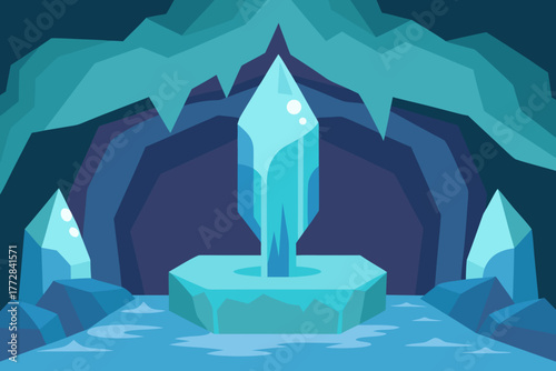 Cartoon crystal cave with a waterfall vector illustration