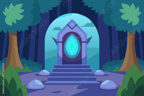 Cartoon mystical portal in the woods vector illustration