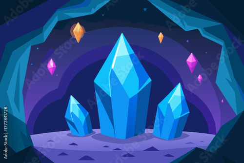Cartoon a different view of magic crystals in a cave vector illustration