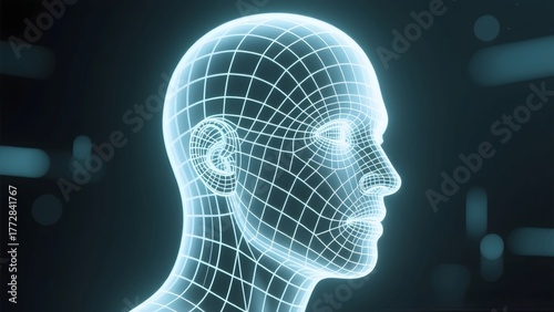 3D illustration of a human head profile as a blue glowing neon wire frame on a dark background.