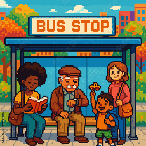 Grandfather and children waiting happily at a colorful bus stop in a pixel art style