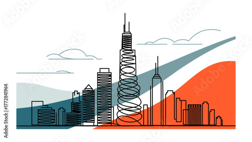 Cityscape Silhouette in Colors: A stylish architectural representation of a city skyline, featuring sleek silhouettes of skyscrapers set against a backdrop of bold color gradients.