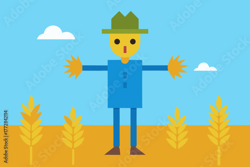 Cartoon scarecrow in a wheat field vector illustration
