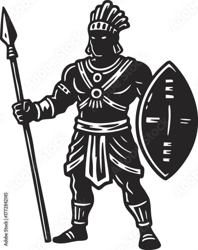 African warrior vector illustration with shield and spear 