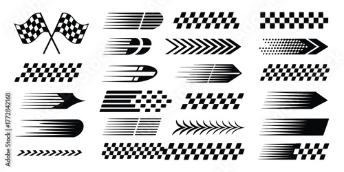 Race car and motorsports vector pack featuring racing stripes, checkered flags, finish line elements, speed graphics, motocross themed labels, and competition design assets