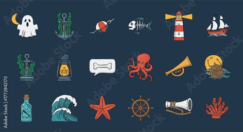 Nautical and Halloween Themed Icons Collection.