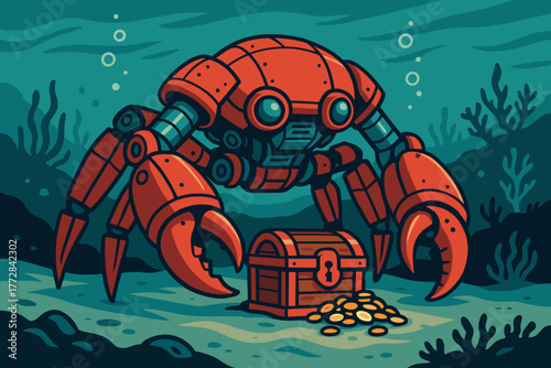 Robot crab with treasure chest and gold coins underwater in a colorful ocean scene