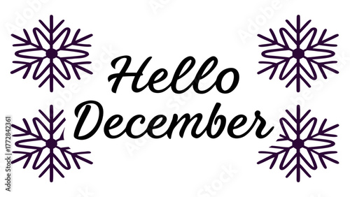 Vector illustration of the words “HELLO DECEMBER” in elegant hand-lettering typography surrounded by delicate snowflakes, symbolizing winter’s arrival and festive seasonal charm