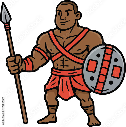 African warrior vector illustration with shield and spear 