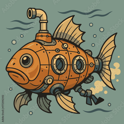 Creative retro-style fish with mechanical features and pipework swimming underwater