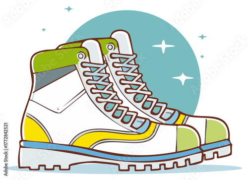 Stylish trekking boots illustration with colorful design, shoelaces, and chunky soles, with stars shining on a round backdrop, cartoon footwear concept