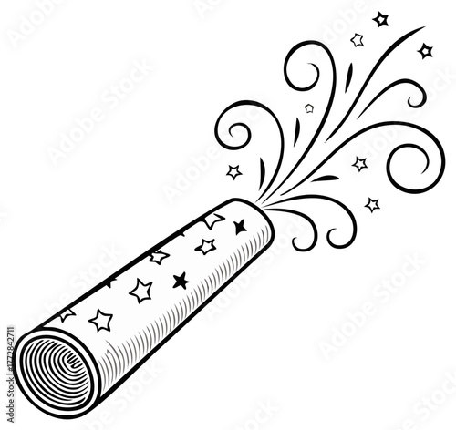 Celebration party popper with stars and swirling confetti, black and white line art design with festive elements