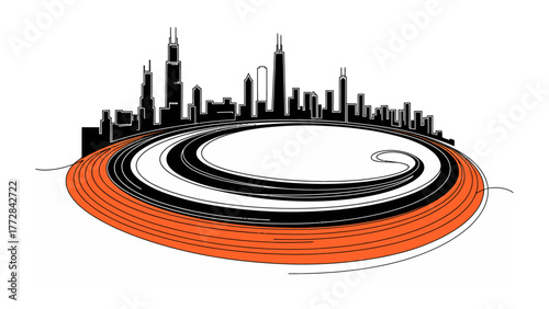 City Skyline in Swirl: An artistic monochrome depiction of a metropolitan skyline, framed within a dynamic swirl of color. It captures the energy and growth of urban life.
