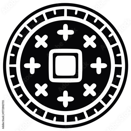 Auspicious emblem featuring a circular coin with a square hole symbolizing wealth and prosperity in traditional culture