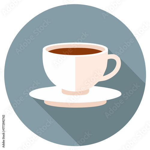 Simple illustration of a white coffee cup with a saucer and dark coffee