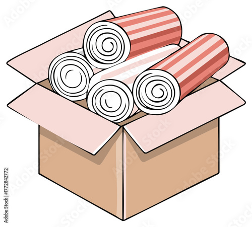 Box filled with rolled striped textile or paper material