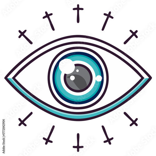 Modern graphic eye icon, perception and insight with radiating spiritual protection