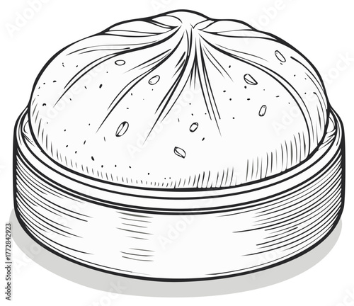 Traditional Asian steamed bun or baozi dumpling in a bamboo steamer basket line art illustration