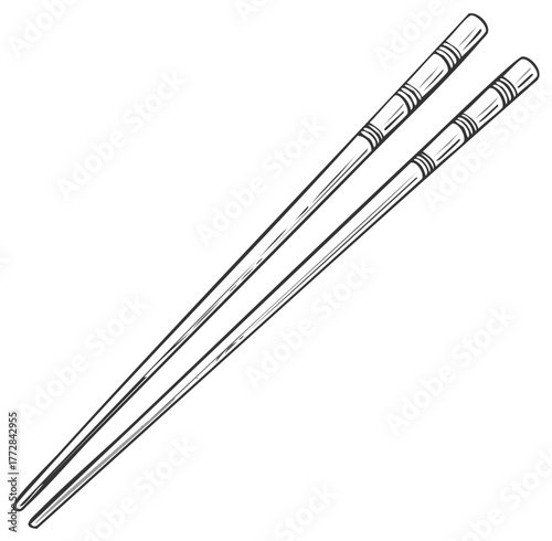 Pair of Wooden Chopsticks, Asian Cuisine Utensils for Eating Food, Hand Drawn Illustration