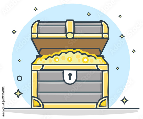 Open treasure chest overflowing with golden coins and jewels sparkles