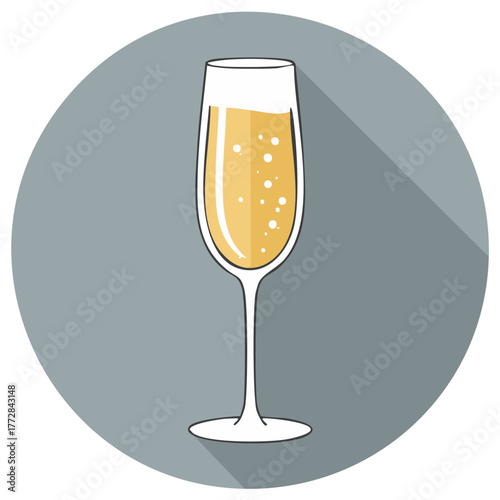 Illustration of a champagne flute filled with bubbly drink and long shadow