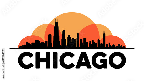 Chicago Skyline Silhouette: A striking silhouette showcases Chicago's iconic skyline against a backdrop of stylized suns, evoking a sense of urban grandeur and vibrant energy.