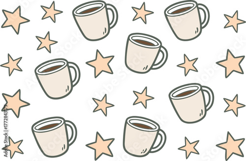 Cute Coffee Cups and Stars Pattern - Whimsical Beverage and Celestial Design