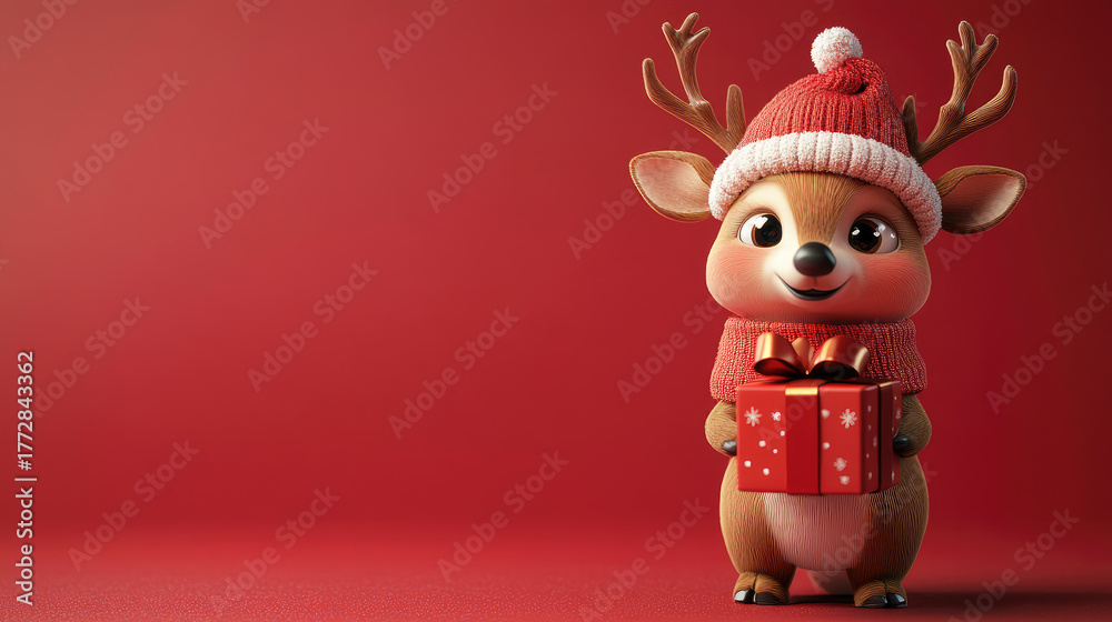Fototapeta premium Christmas funny cheerful deer in hat and gift holiday character, 3d illustration, playful pose isolated on red background, space for text