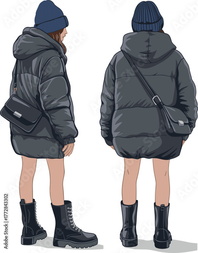 Winter outfit illustration, front and back view, puffer jackets, blue beanies, combat boots, crossbody bags, cold weather fashion, urban style